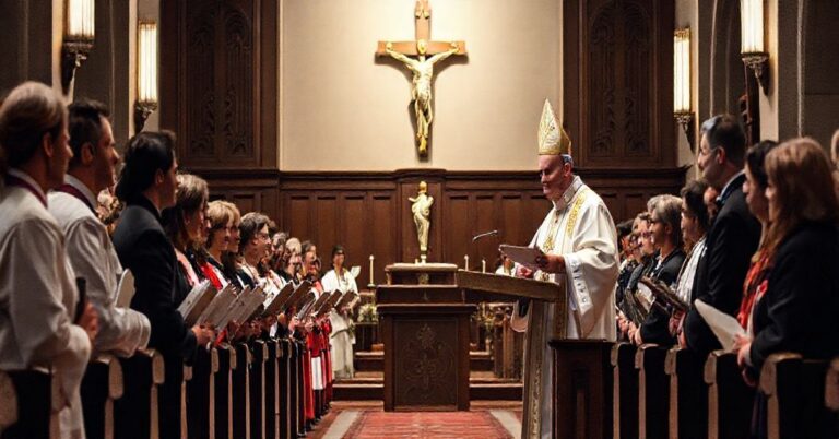 Cerkiewny wnętrze z uroczystością wręczenia nagród przez fałszywego biskupa w szatach liturgicznych. Na tle widoczny krucyfiks kontrastujący z naturalistycznym akcentem na miłosierdziu ludzkim.