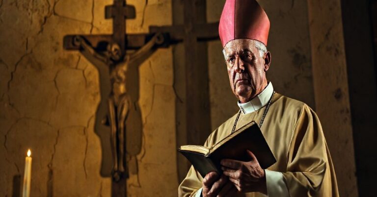 Ksiądz w tradycyjnym stroju liturgicznym stoi przed starej krzyżem z troską na twarzy, z cieniem szatańską modernistycznej kościoła w tle.