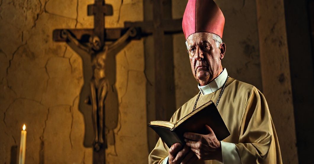 Ksiądz w tradycyjnym stroju liturgicznym stoi przed starej krzyżem z troską na twarzy, z cieniem szatańską modernistycznej kościoła w tle.