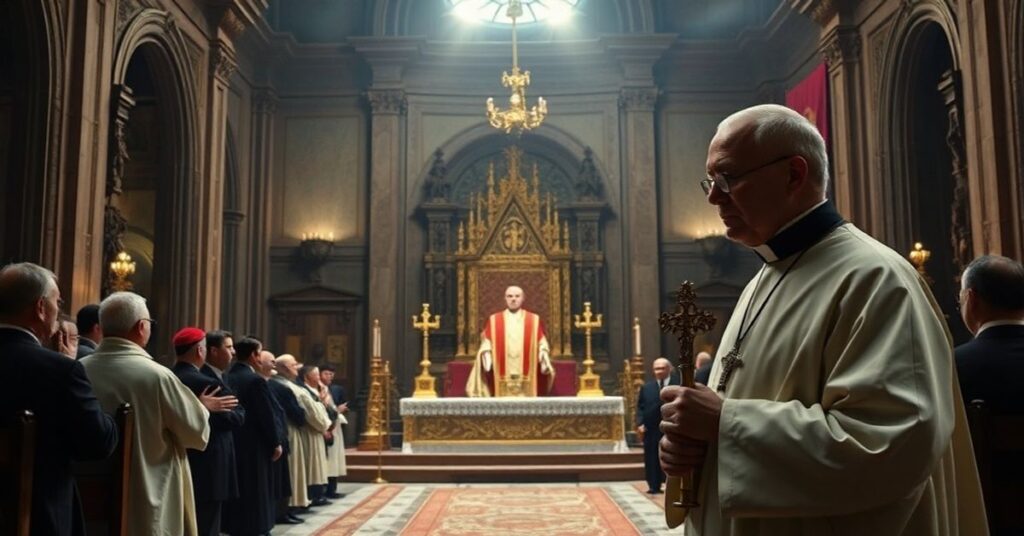 Obraz przedstawiający fałszywe "sakry" Stanisława Přibyla jako "arcybiskupa" Pragi w opuszczonej katedrze.