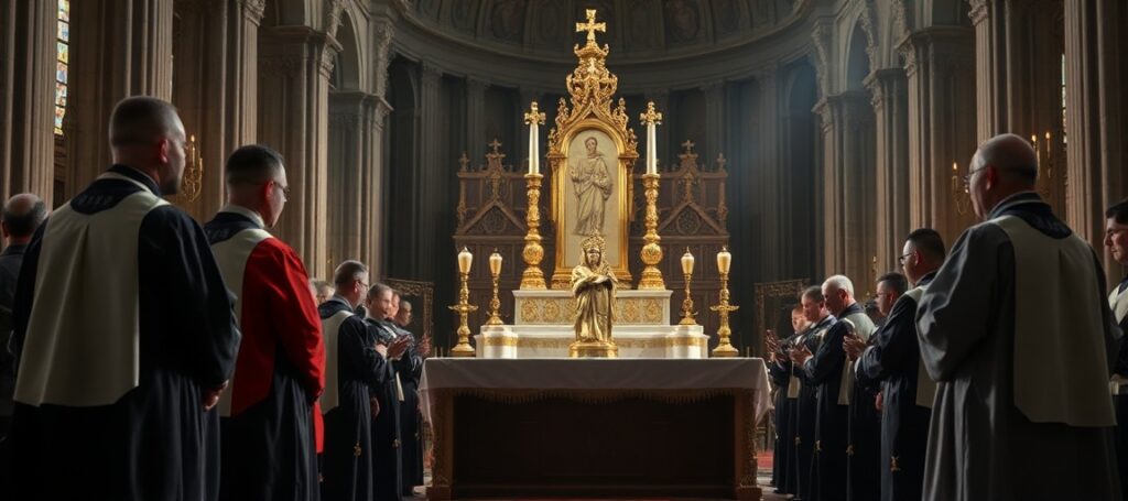 Obraz przedstawiający fałszywą ordynację w bazylice bernardynów w Krakowie z udziałem 'biskupów' Jerzego Maculewicza i Paula Ssemogerere. Scena ukazuje pustkę duchową za ich humanistyczną retoryką.