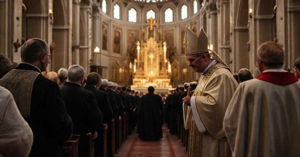 Wnętrze katedry w Katowicach podczas fałszywej ordynacji neoprezbitera Dominika Piórkowskiego przez rzekomego arcybiskupa Andrzeja Przybylskiego. Scena ukazuje modernistyczną redukcję kapłaństwa bez nadprzyrodzonego powoływania.