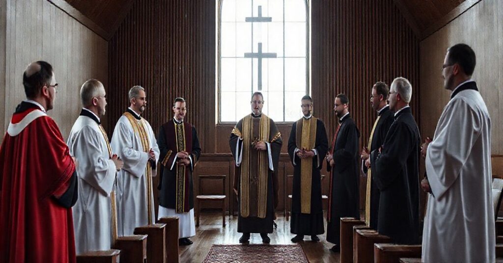 Inscenizacja fałszywej ordynacji w posoborowym "seminarium" w Ełku, z udziałem "biskupa" Jerzego Mazura i siódemki "alumnów".