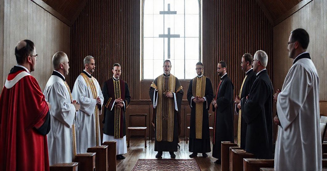 Inscenizacja fałszywej ordynacji w posoborowym "seminarium" w Ełku, z udziałem "biskupa" Jerzego Mazura i siódemki "alumnów".