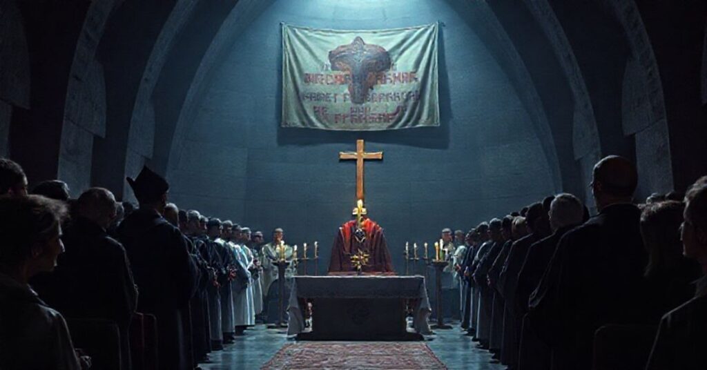 Wnętrze toruńskiej katedry podczas fałszywej pasterki prowadzonej przez rzekomego biskupa Arkadiusza Okroja. Scena przedstawia nowoczesną grotę bez drzwi, symbolizującą herezję "otwartości dla wszystkich".