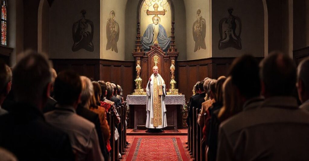Zdjęcie przedstawiające fałszywą pielgrzymkę w nowoczesnej kaplicy w Krosnie poświęconej Janowi Pawłowi II. Na scenie widoczni są osoby gromadzące się na heretyckiej mszy z fałszywym biskupem i księdzem wygłaszającym kazań. Scena podkreśla pustkę i duchowe oszustwo neo-modernistycznego ruchu, uwypuklając brak prawdziwego katolickiego kultu.