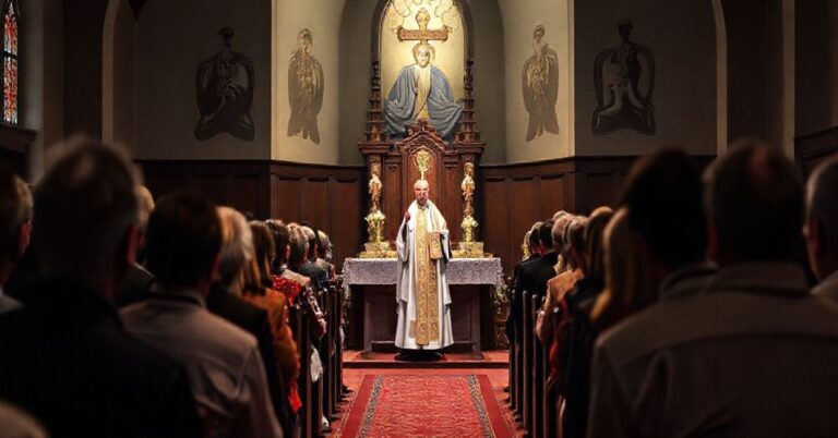 Zdjęcie przedstawiające fałszywą pielgrzymkę w nowoczesnej kaplicy w Krosnie poświęconej Janowi Pawłowi II. Na scenie widoczni są osoby gromadzące się na heretyckiej mszy z fałszywym biskupem i księdzem wygłaszającym kazań. Scena podkreśla pustkę i duchowe oszustwo neo-modernistycznego ruchu, uwypuklając brak prawdziwego katolickiego kultu.