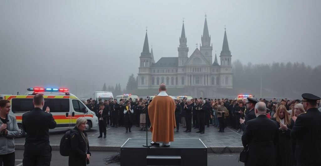 Zdjęcie przedstawiające fałszywą "pielgrzymkę" medyków na Jasnej Górze, gdzie karetki i ratownicy biorą udział w profanowanej uroczystości religijnej pod przewodnictwem modernistowskiego "biskupa".