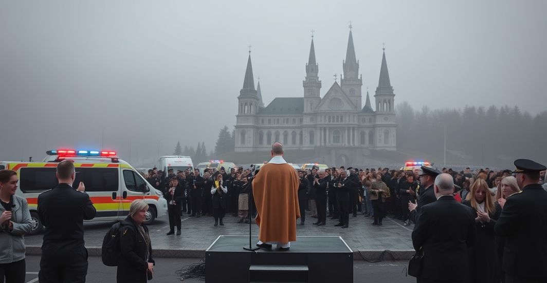 Zdjęcie przedstawiające fałszywą "pielgrzymkę" medyków na Jasnej Górze, gdzie karetki i ratownicy biorą udział w profanowanej uroczystości religijnej pod przewodnictwem modernistowskiego "biskupa".
