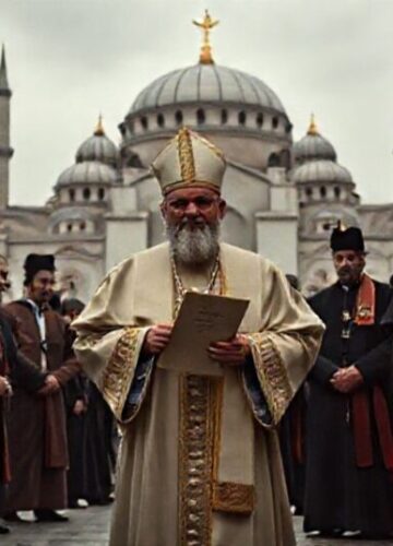 Fałszywa pielgrzymka: Teatr globalistycznej apostazji Scena katolicka przedstawiająca fałszywą 'podróż apostolską' uzurpatora w Turcji przed meczetem