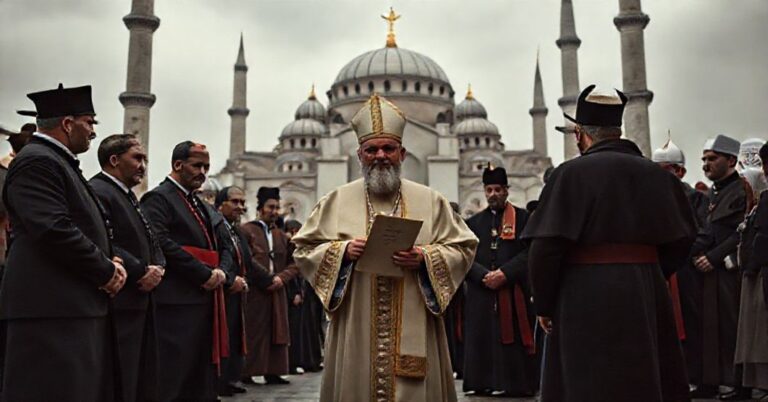 Scena katolicka przedstawiająca fałszywą 'podróż apostolską' uzurpatora w Turcji przed meczetem