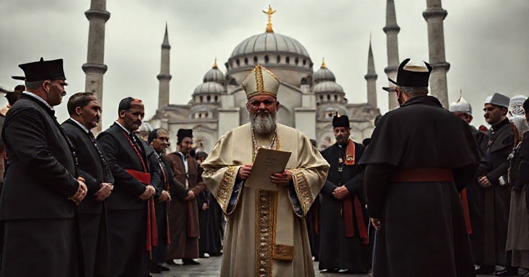 Scena katolicka przedstawiająca fałszywą 'podróż apostolską' uzurpatora w Turcji przed meczetem