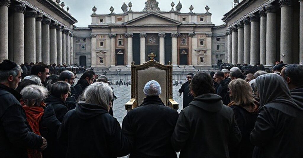 Scena z grupą bezdomnych podczas fałszywej pielgrzymki do Watykanu pod przewodnictwem Tomasza Kopytowskiego