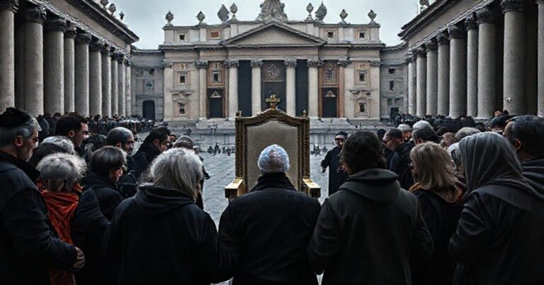 Scena z grupą bezdomnych podczas fałszywej pielgrzymki do Watykanu pod przewodnictwem Tomasza Kopytowskiego