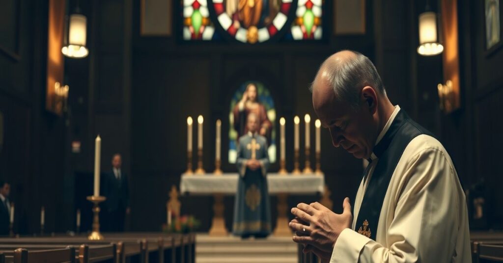 Sobór katolicki z ołtarzem i księdzem modlącym się, na tle postaci Nicole Kidman i Michael B. Jordana symbolizujących fałszywą pobożność.