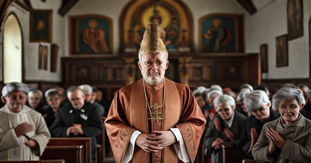 Tradycyjny księży katolicki w szatach liturgicznych stoi w skromnym cerkiewnym wnętrzu ze sztuką religijną na tle. Na zdjęciu widoczni są starsi wierni modlący się, symbolizując tradycyjną więrą polskich katolików.