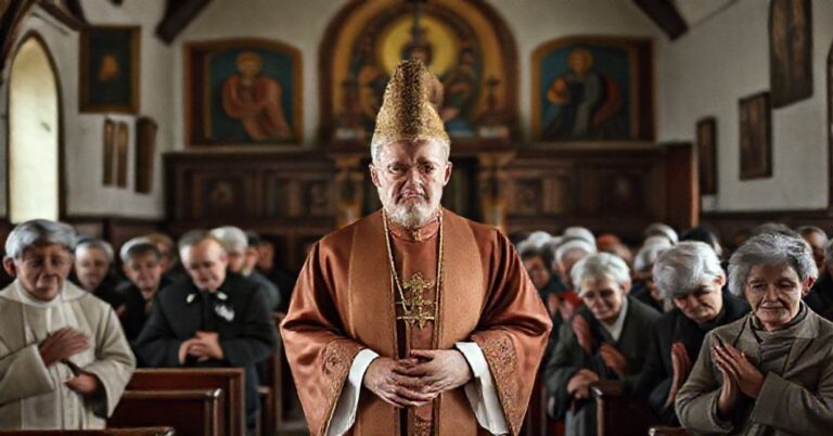 Tradycyjny księży katolicki w szatach liturgicznych stoi w skromnym cerkiewnym wnętrzu ze sztuką religijną na tle. Na zdjęciu widoczni są starsi wierni modlący się, symbolizując tradycyjną więrą polskich katolików.
