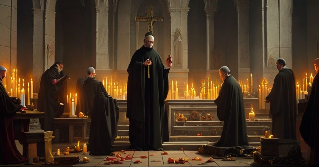 Uroczysta katolicka scena pokazująca sedewakantystyczny pogląd na fałszywą solidarną inicjatywę Bergoglia. Abp Wojciech Polak stoi przy katedrze z modernistycznym duchowieństwem w tle, podczas gdy skrzywdzona ofiara modli się przed krzyżem.