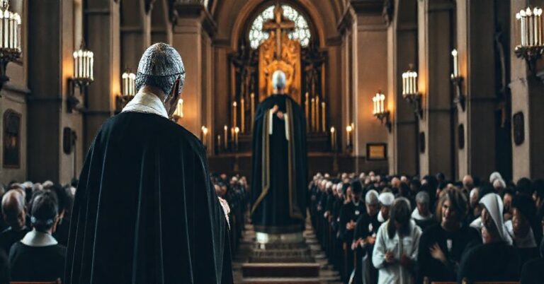 Tradycyjny wnętrze kościoła z modlącą się ludnością przed pomnikiem Jana Pawła II przykrytym czarnym sukienką, symbolizującym fałszywą świętość