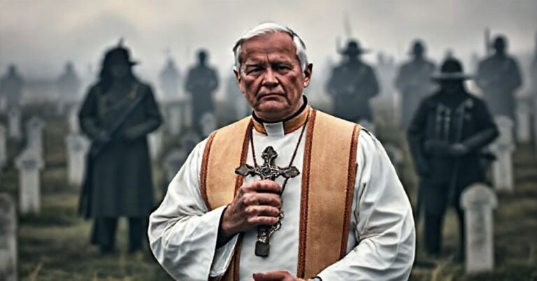 Katolicki książ w tradycyjnych szatach stoi przed pomnikiem na polu bitwy Wounded Knee, trzymając krucyfiks. W tle widoczne są duchowe postacie Lakota - ofiar masakry oraz cienie żołnierzy - sprawców zbrodni.