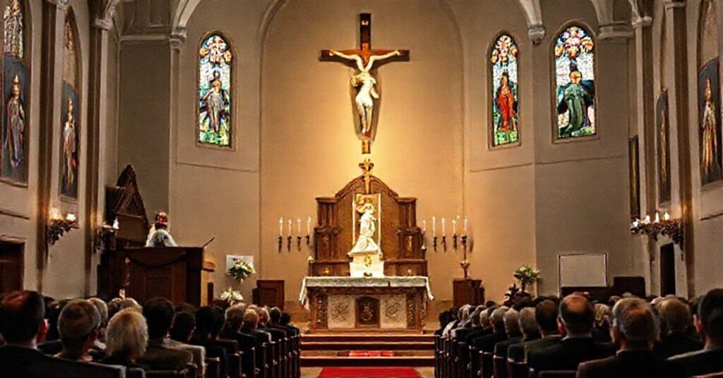 Wnętrze kościoła z ołtarzem podczas wykładu prof. Hanny Suchockiej na temat fałszywej teologii pojednania Jana Pawła II. Scena zawiera krzyż, witraże z wizerunkami świętych i poważną publiczność. Atmosfera jest poważna i kontemplacyjna.