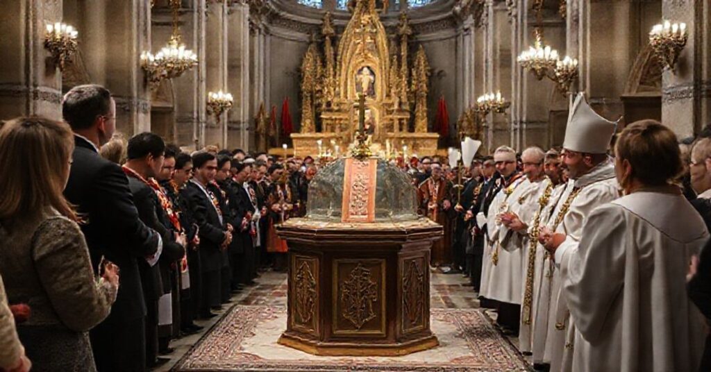 Zdjęcie przedstawiające fałszywą uroczystość wprowadzenia rzekomych relikwii "Błogosławionego" Michała Czartoryskiego do bazyliki w Jarosławiu pod przewodnictwem "abpa" Adama Szala. Scena ukazuje modernistyczny ołtarz Novus Ordo i obecność osób w świeckim stroju.