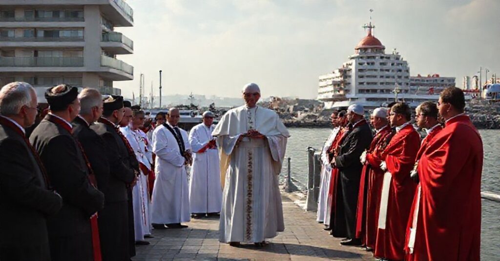 Zdjęcie przedstawiający fałszywą wizytę apostolską w Libanie przez uzurpatora Roberta Prevosta, zwane "Papieżem Leonem XIV", podczas której odbyła się profanacja Mszy Świętej na nabrzeżu w Bejrucie.