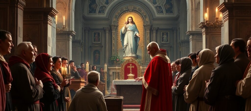Obraz przedstawiający fałszywą wizytę Leon XIV w Sanktuarium Matki Bożej Różańcowej w Pompejach, z akcentem na humanitaryzm bez Chrystusa.