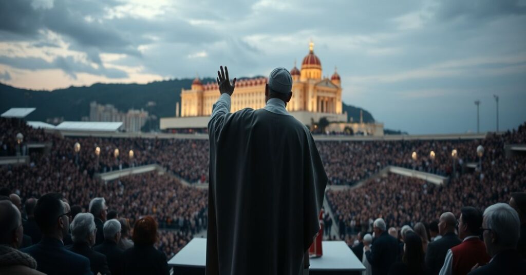 Obraz przedstawiający fałszywą wizytę papieską Leona XIV w Monako w 2026 roku. Przedstawia modernistyczną mszę w stadionie z heretyckim „papieżem” i zaszokowanym tradycyjnym księdzem.