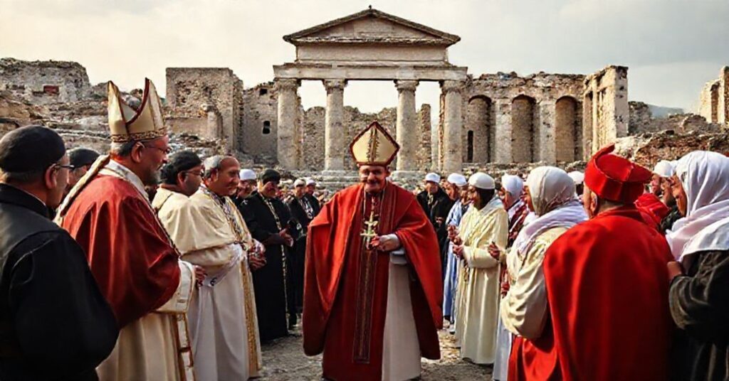 Obraz przedstawiający fałszywą "papieską" wizytę w Iznik (Nicea), z udziałem "abpa" Marka Solczyńskiego i oszustwa "Leona XIV" podczas ekumenicznego spotkania z przywódcami prawosławnymi i muzułmańskimi na tle ruin historycznego miasta. Scena podkreśla profanację miejsca świętego przez modernistyczne gesty ekumeniczne.