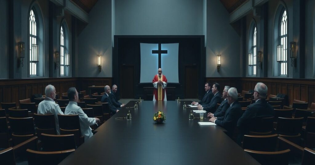 Wszechstronna wizualizacja wnętrza kościoła podczas modernistycznej konferencji duchowej z kapłanami i biskupem w nowoczesnym pomieszczeniu administracyjnym.