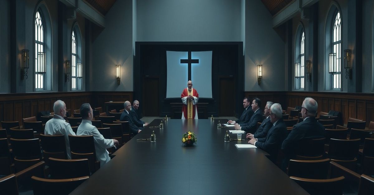 Wszechstronna wizualizacja wnętrza kościoła podczas modernistycznej konferencji duchowej z kapłanami i biskupem w nowoczesnym pomieszczeniu administracyjnym.
