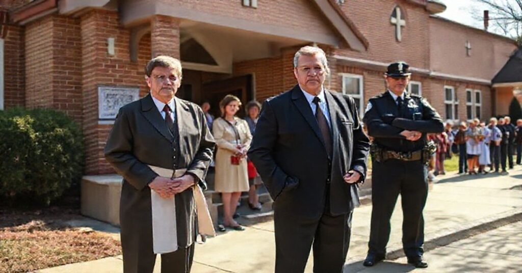 Serious-looking Catholic school officials and police officers outside a traditional school building during a bomb threat incident.