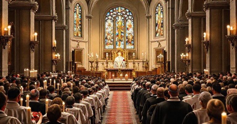 Wnętrze katedry podczas kontrowersyjnej beatyfikacji, ukazujące sprzeczność z katolicką doktryną