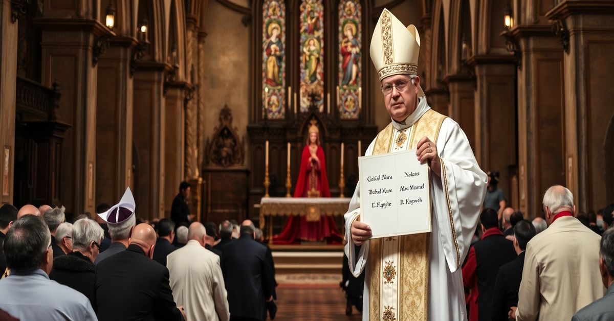 Sobór katolicki z biskupem w pełnym stroju liturgicznym przed ołtarzem, otoczony modlącymi się wiernymi