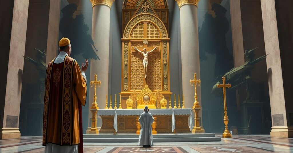 Ksiądz w tradycyjnych szatach liturgicznych patrzy z troską na złoty posąg systemu ekonomicznego symbolizujący fałszywe bezpieczeństwo