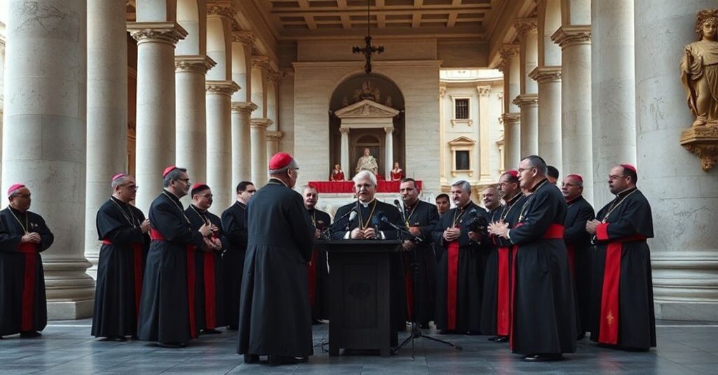 Obraz przedstawia fałszywe biskupów i antypapieża Leona XIV podczas konferencji prasowej w Rzymie w 2025 roku. Scena jest poważna i formalna, z klerykiem Ks. Leszkiem Gęsiakiem SJ jako rzecznikiem.