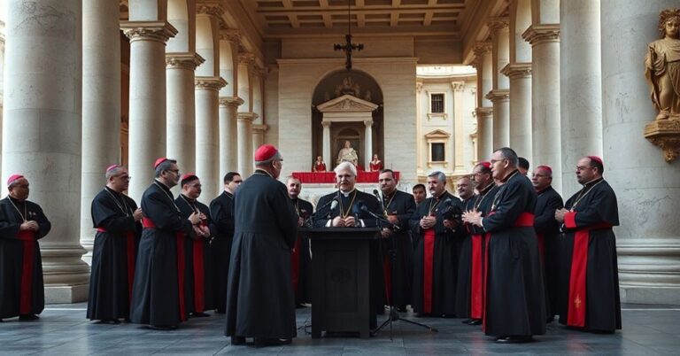 Obraz przedstawia fałszywe biskupów i antypapieża Leona XIV podczas konferencji prasowej w Rzymie w 2025 roku. Scena jest poważna i formalna, z klerykiem Ks. Leszkiem Gęsiakiem SJ jako rzecznikiem.