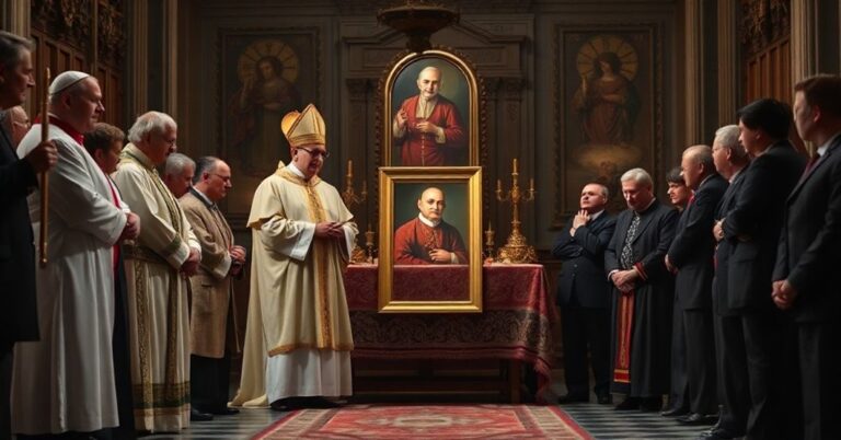 Scena z fałszywego uroczystego błogosławieństwa obrazu rzekomego „św.” Tomasza More'a przez uzurpatora watykańskiego Leona XIV w kaplicy sejmowej. Wokół stoi grupa polskich polityków wraz z „ks.” Andrzejem Sikorskim.