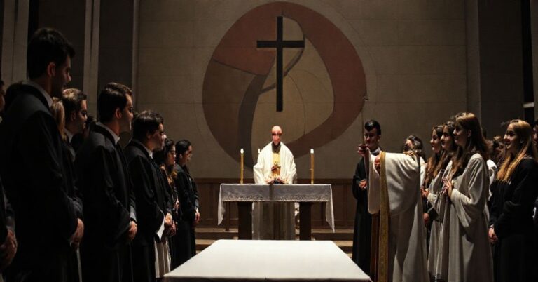 Wnętrze poznańskiej katedry podczas modernistycznej ceremonii błogosławieństwa ministrantów. Scena jest przyciemniona, podkreślając brak świętości i liturgicznego godności.