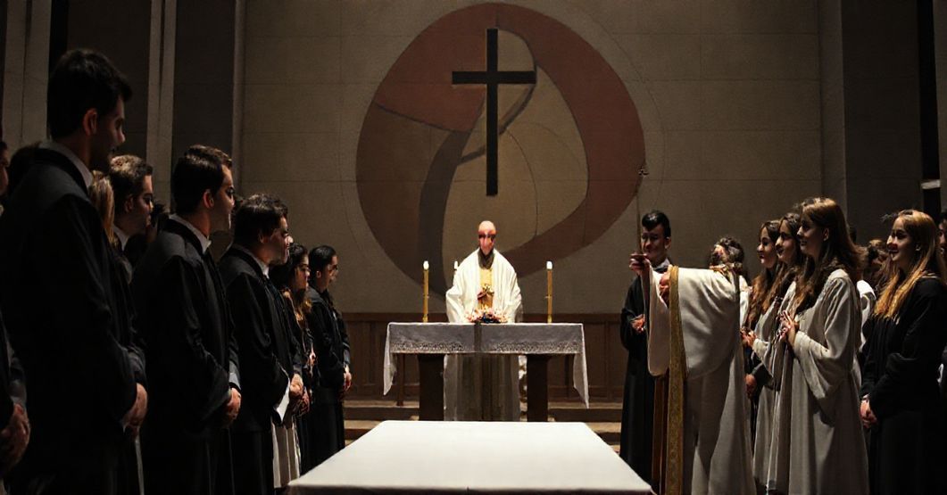 Wnętrze poznańskiej katedry podczas modernistycznej ceremonii błogosławieństwa ministrantów. Scena jest przyciemniona, podkreślając brak świętości i liturgicznego godności.