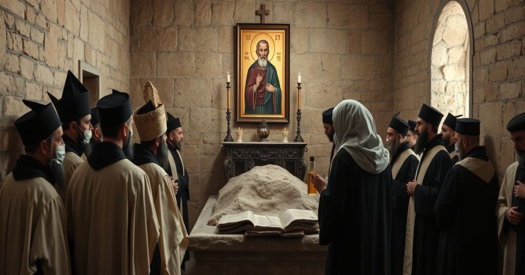 Mroczny obraz kultu rzekomego św. Szarbela w Annej, Liban, ukazujący fałszywe "cudowności" i manipulację emocjonalną w neo-modernistycznej sekcie.