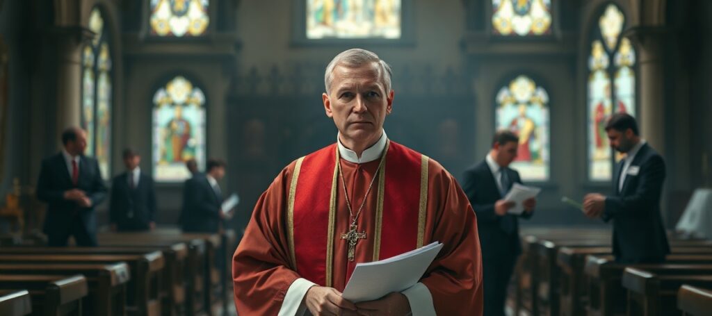 Obraz przedstawiający tradycyjny wnętrze kościoła z księdzem w ornatach obok ołtarza otoczonego fałszywymi zaświadczeniami o darowiznach. Scena jest poważna i pełna moralnego ciężaru.