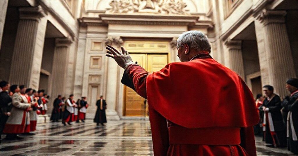 Zdjęcie przedstawiające zamknięcie fałszywych Drzwi Świątych przez modernistycznego pseudo-kardynała Baldassare Reina w bazylice laterańskiej.