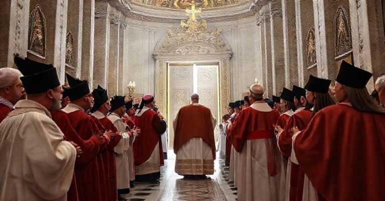 Grupa osób przechodzi przez Fałszywe Drzwi Świąteczne w Bazylice Watykańskiej podczas modernistycznego "Jubileuszu". Scena jest pełna podtekstu krytyki wobec profanacji tradycji katolickich.