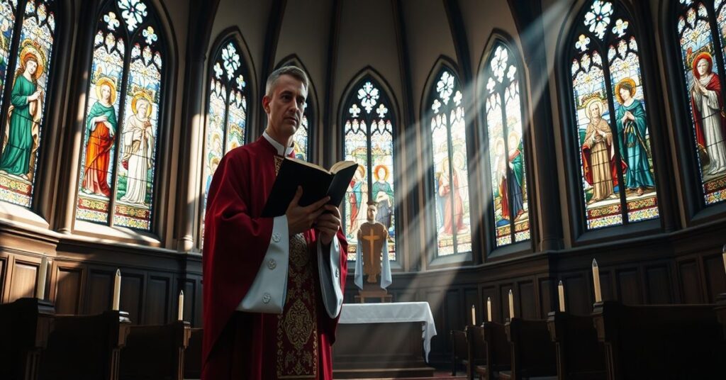 Tradycyjny kościół katolicki z witrażami przedstawiającymi świętych. Ksiądz w pełnym stroju liturgicznym trzyma księgę dekretów przed ołtarzem ozdobionym świecami. Światło słoneczne oświetla wnętrze, podkreślając sakralny klimat.