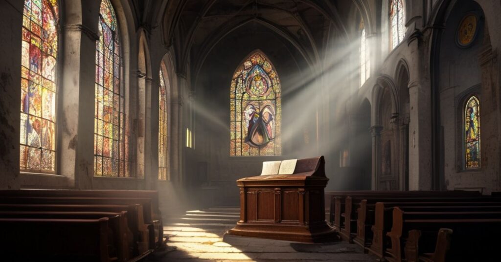 Wnętrze tradycyjnego kościoła katolickiego z pustym amboną i dokumentem o rzekomych kanonizacjach.