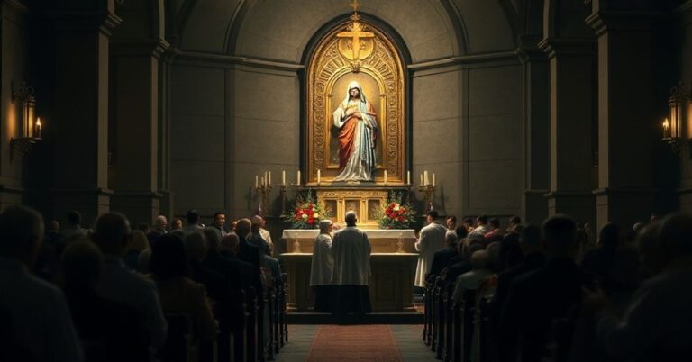 Scena przedstawiająca fałszywe koronowanie Najświętszego Serca Jezusa w kościele parafialnym z modernistycznymi elementami i błędami doktrynalnymi.