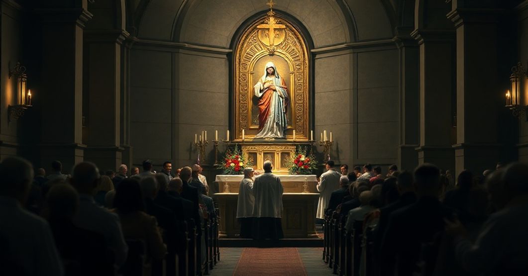 Scena przedstawiająca fałszywe koronowanie Najświętszego Serca Jezusa w kościele parafialnym z modernistycznymi elementami i błędami doktrynalnymi.