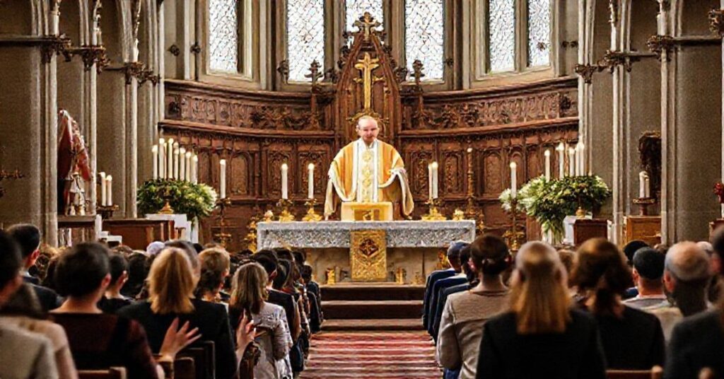 Wnętrze katedry w Gnieźnie podczas mszy ku czci Chrystusa Króla Wszechświata. Młodzi członkowie Katolickiego Stowarzyszenia Młodzieży modlą się przed ołtarzem, podczas gdy biskup w pełnym ornacie liturgicznym wygłasza kazanie.
